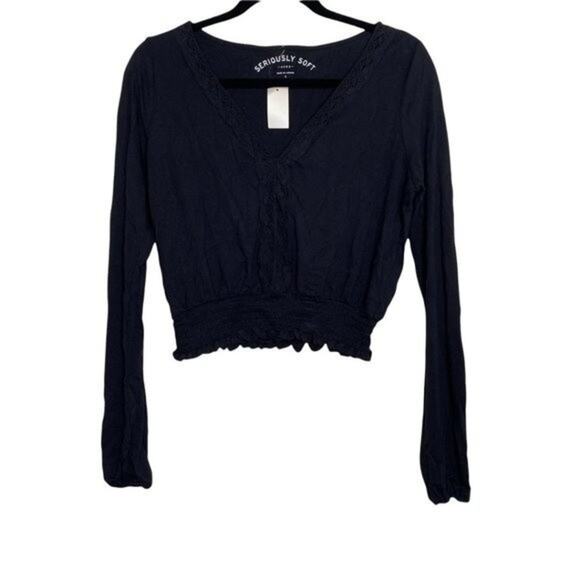 Aeropostale NWT Black Seriously Soft Long Sleeve Crop Top Small - Picture 1 of 7